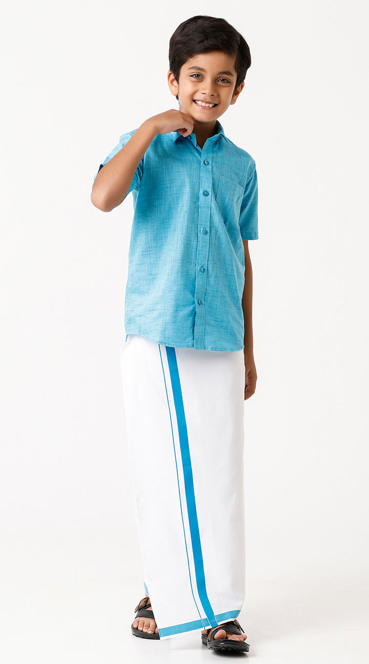 Varna - Light Blue Matching Fixit Dhoti and Shirt 2 in 1 Set For Kids | Uathayam