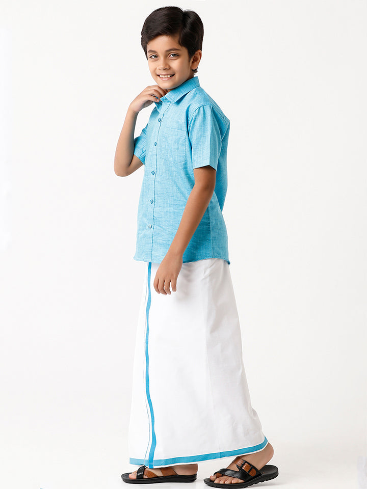 Varna - Light Blue Matching Fixit Dhoti and Shirt 2 in 1 Set For Kids | Uathayam