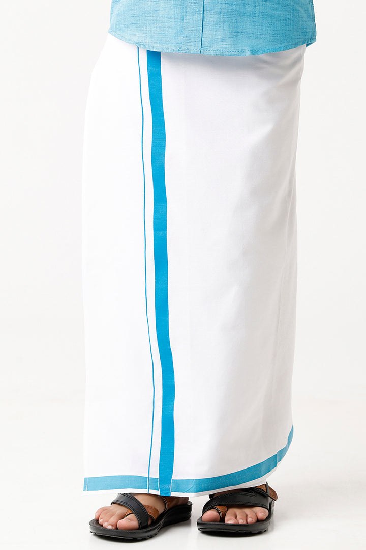 Varna - Light Blue Matching Fixit Dhoti and Shirt 2 in 1 Set For Kids | Uathayam