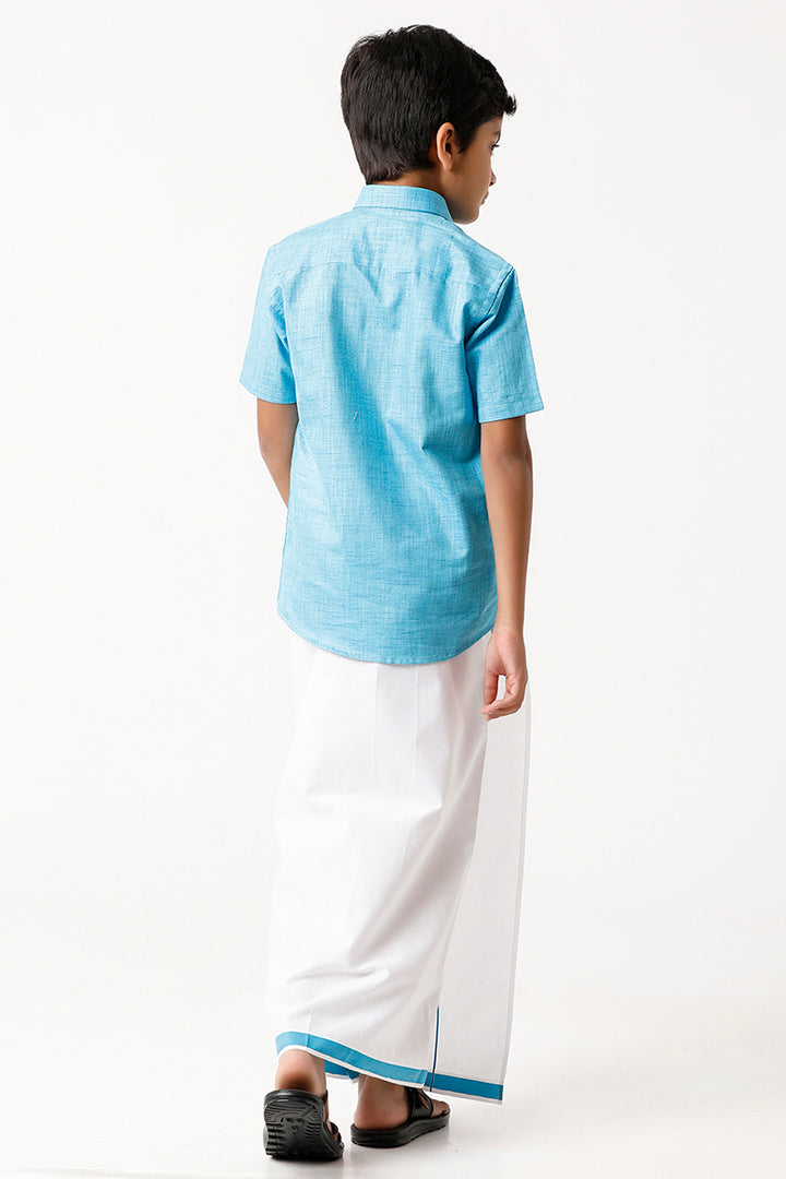 Varna - Light Blue Matching Fixit Dhoti and Shirt 2 in 1 Set For Kids | Uathayam