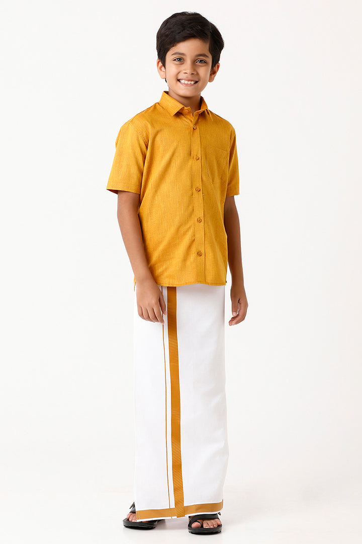Varna - Golden Rod Matching Fixit Dhoti and Shirt 2 in 1 Set For Kids | Uathayam