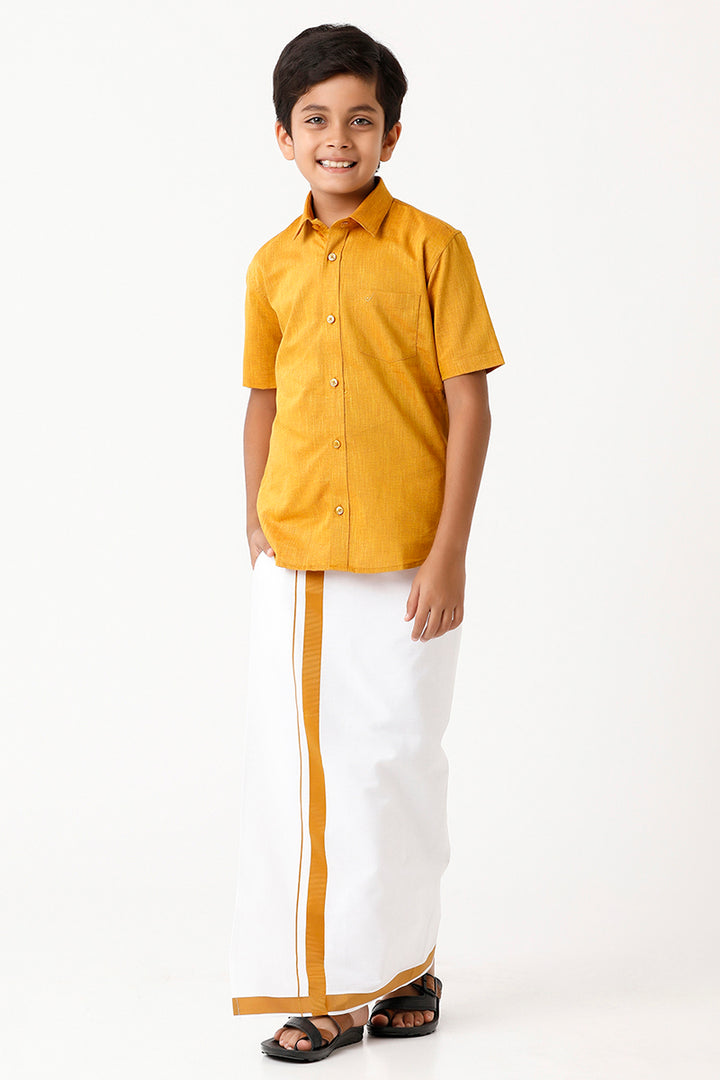 Varna - Golden Rod Matching Fixit Dhoti and Shirt 2 in 1 Set For Kids | Uathayam