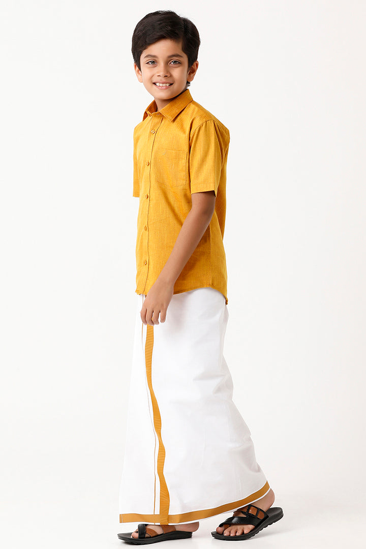 Varna - Golden Rod Matching Fixit Dhoti and Shirt 2 in 1 Set For Kids | Uathayam