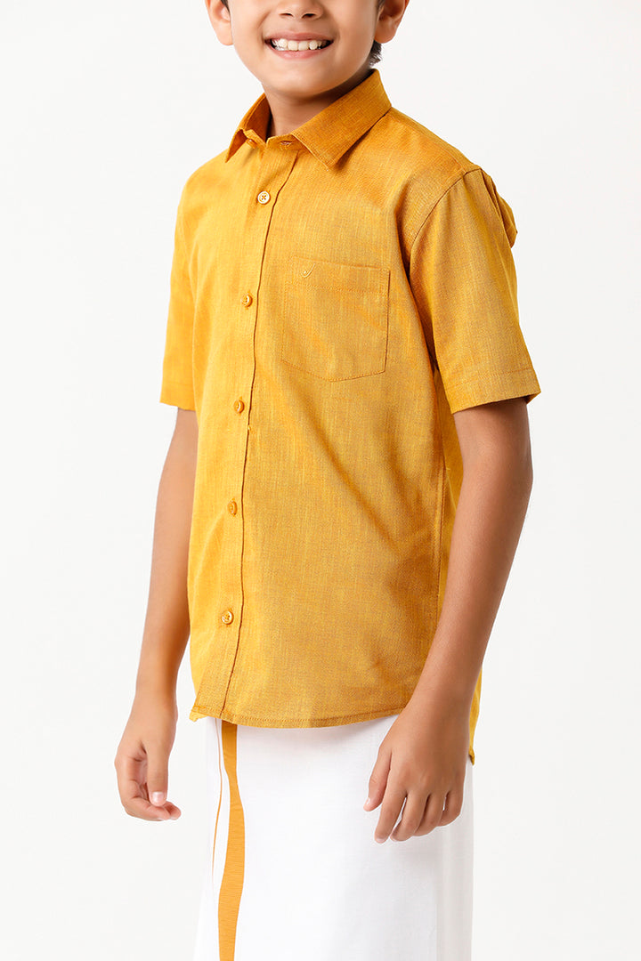 Varna - Golden Rod Matching Fixit Dhoti and Shirt 2 in 1 Set For Kids | Uathayam
