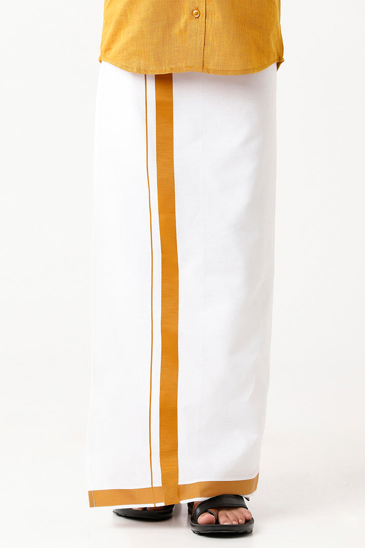 Varna - Golden Rod Matching Fixit Dhoti and Shirt 2 in 1 Set For Kids | Uathayam