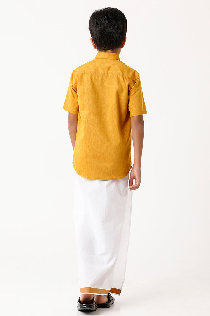 Varna - Golden Rod Matching Fixit Dhoti and Shirt 2 in 1 Set For Kids | Uathayam