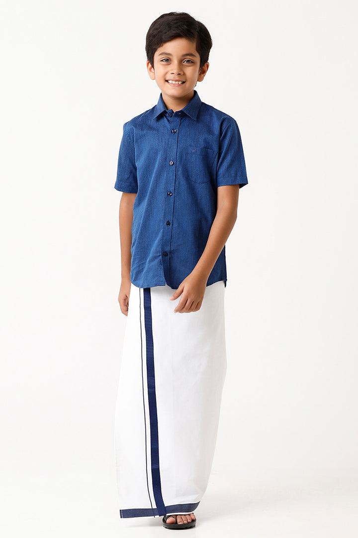 Varna - Navy Blue Matching Fixit Dhoti and Shirt 2 in 1 Set For Kids | Uathayam