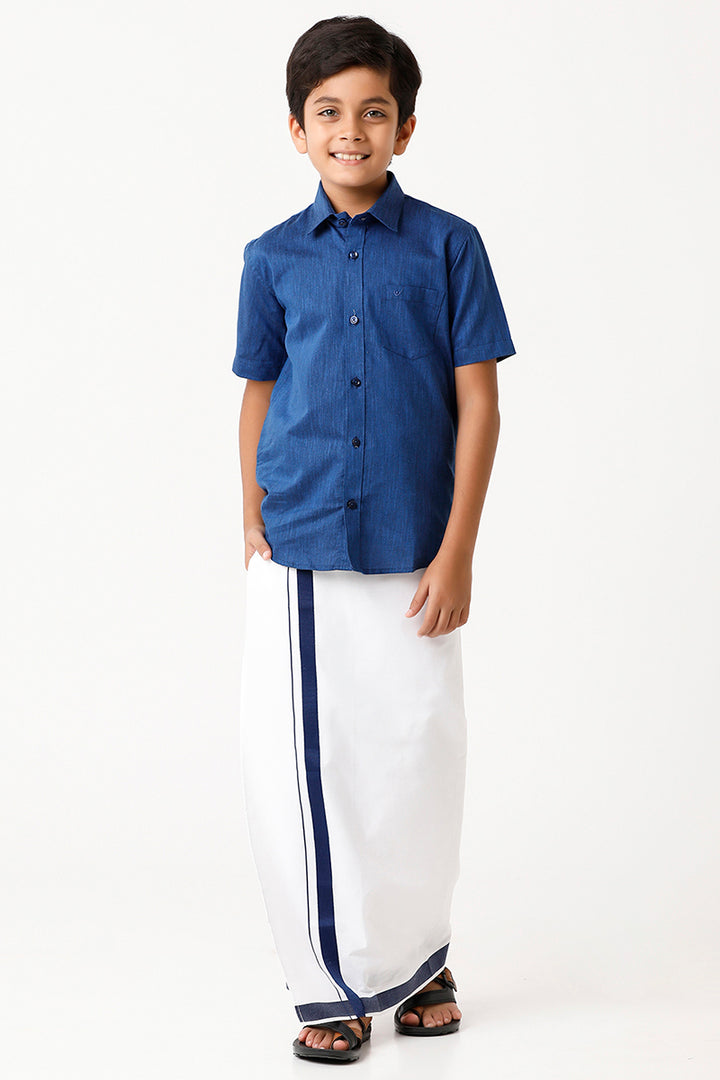 Varna - Navy Blue Matching Fixit Dhoti and Shirt 2 in 1 Set For Kids | Uathayam