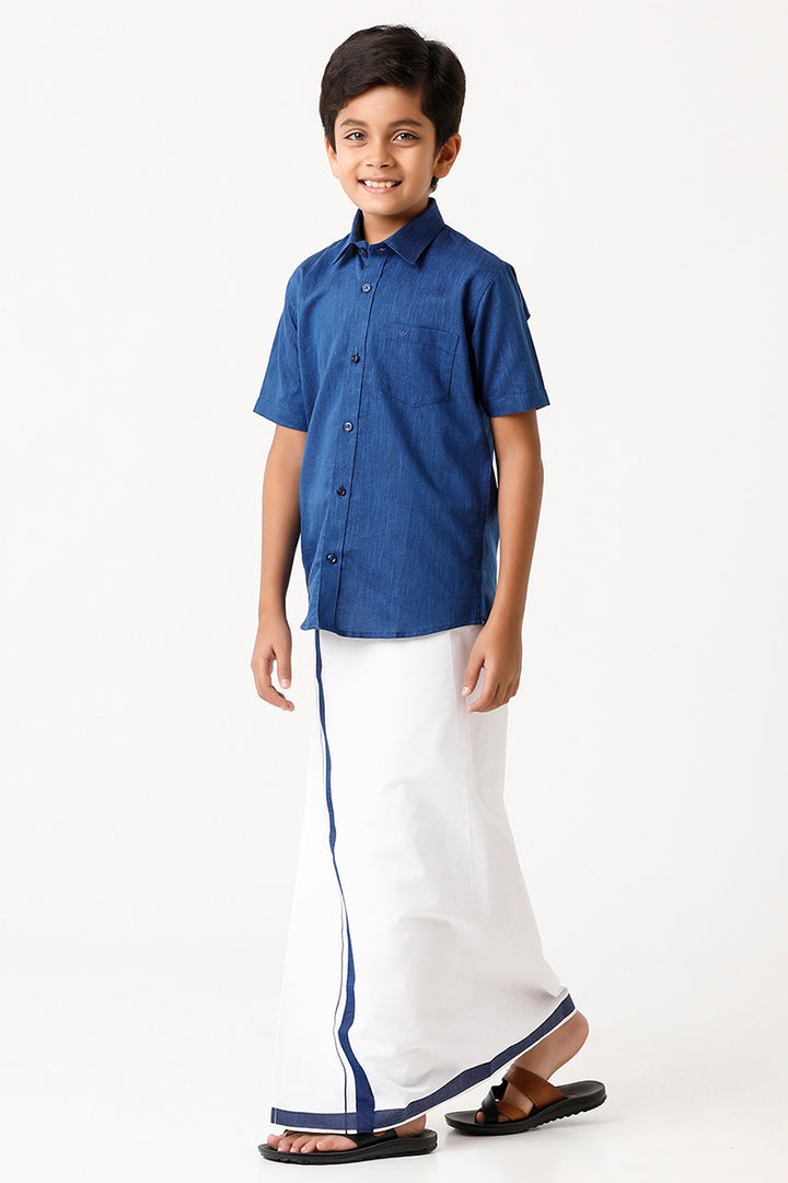 Varna - Navy Blue Matching Fixit Dhoti and Shirt 2 in 1 Set For Kids | Uathayam