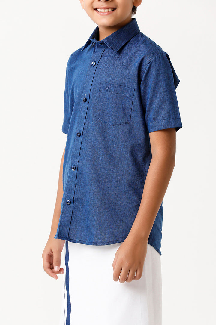 Varna - Navy Blue Matching Fixit Dhoti and Shirt 2 in 1 Set For Kids | Uathayam