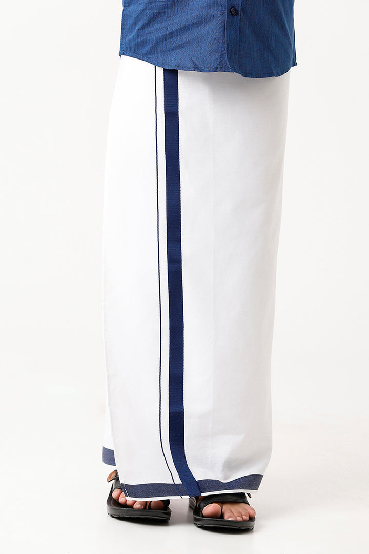 Varna - Navy Blue Matching Fixit Dhoti and Shirt 2 in 1 Set For Kids | Uathayam