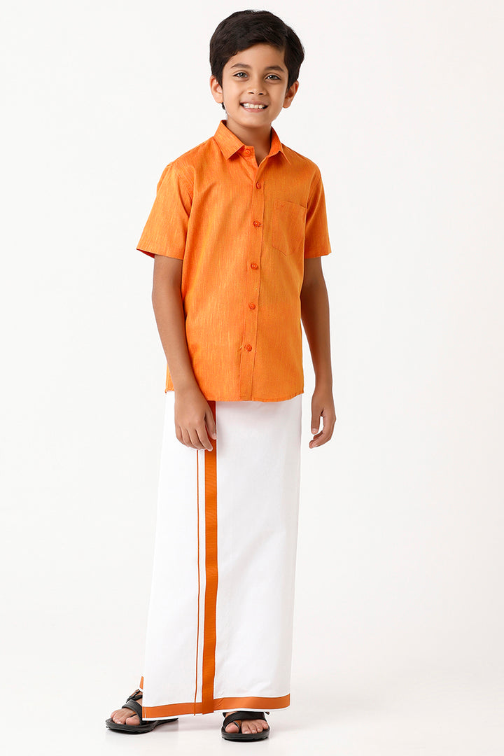 Varna - Orange Matching Fixit Dhoti and Shirt 2 in 1 Set For Kids | Uathayam