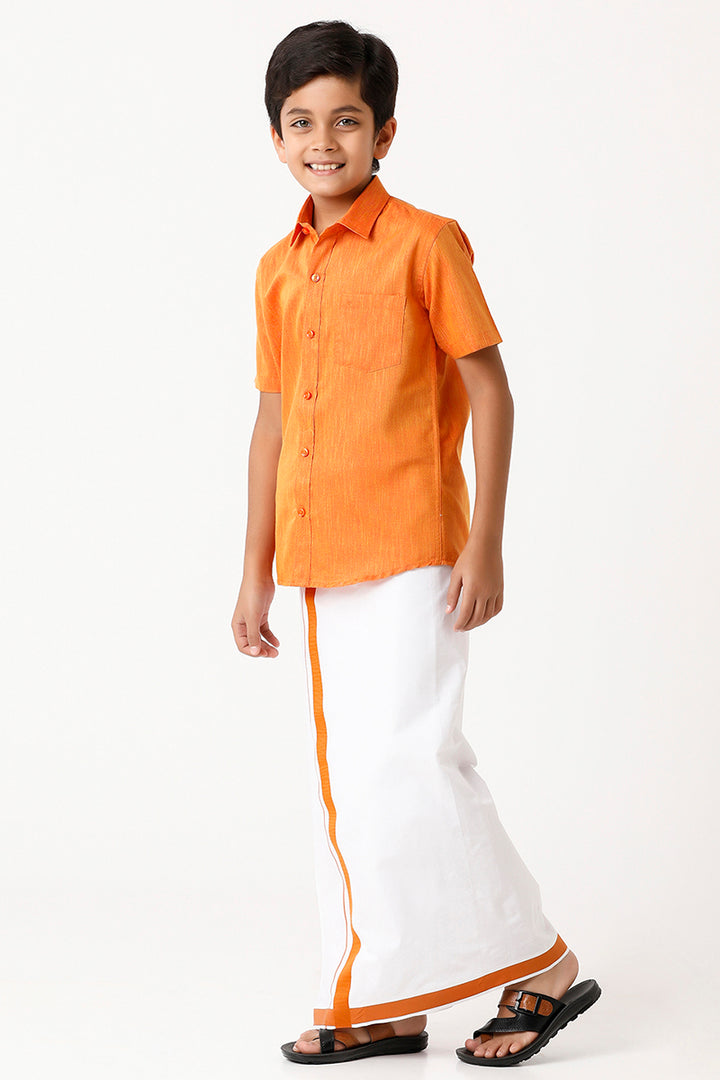 Varna - Orange Matching Fixit Dhoti and Shirt 2 in 1 Set For Kids | Uathayam