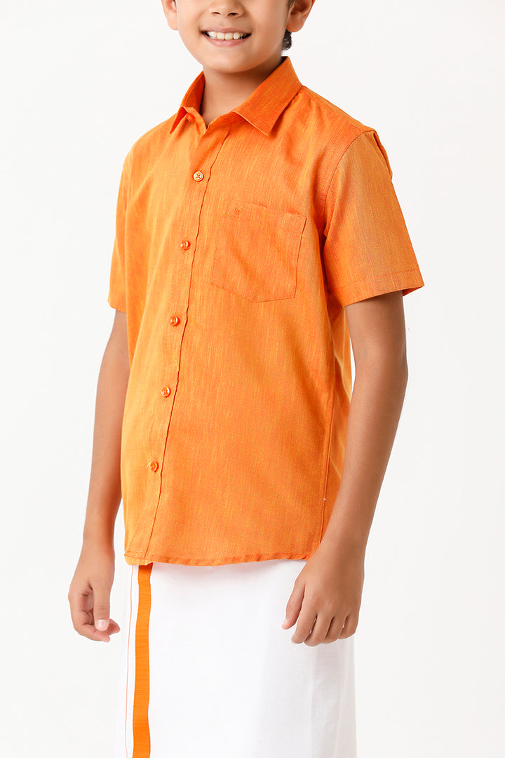 Varna - Orange Matching Fixit Dhoti and Shirt 2 in 1 Set For Kids | Uathayam