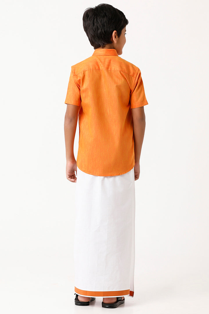 Varna - Orange Matching Fixit Dhoti and Shirt 2 in 1 Set For Kids | Uathayam