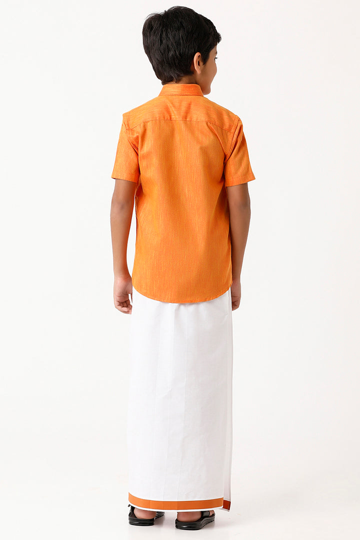 UATHAYAM Varna Kids Orange Matching Fixit Dhoti & Shirt Set-11018