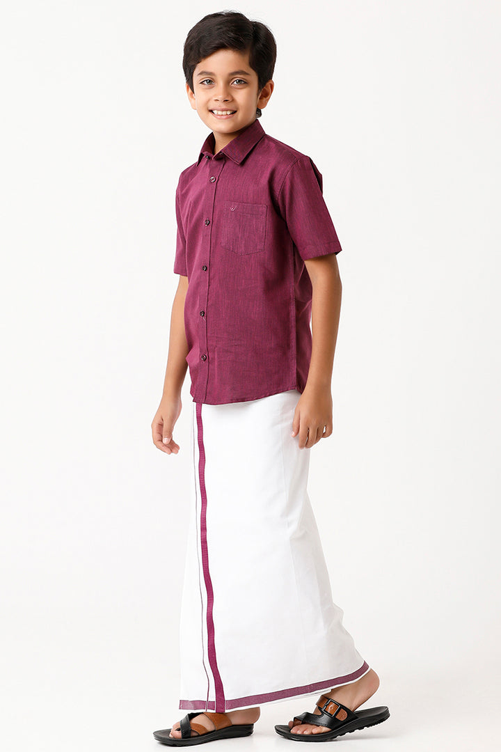 Varna - Plum Matching Fixit Dhoti and Shirt 2 in 1 Set For Kids | Uathayam
