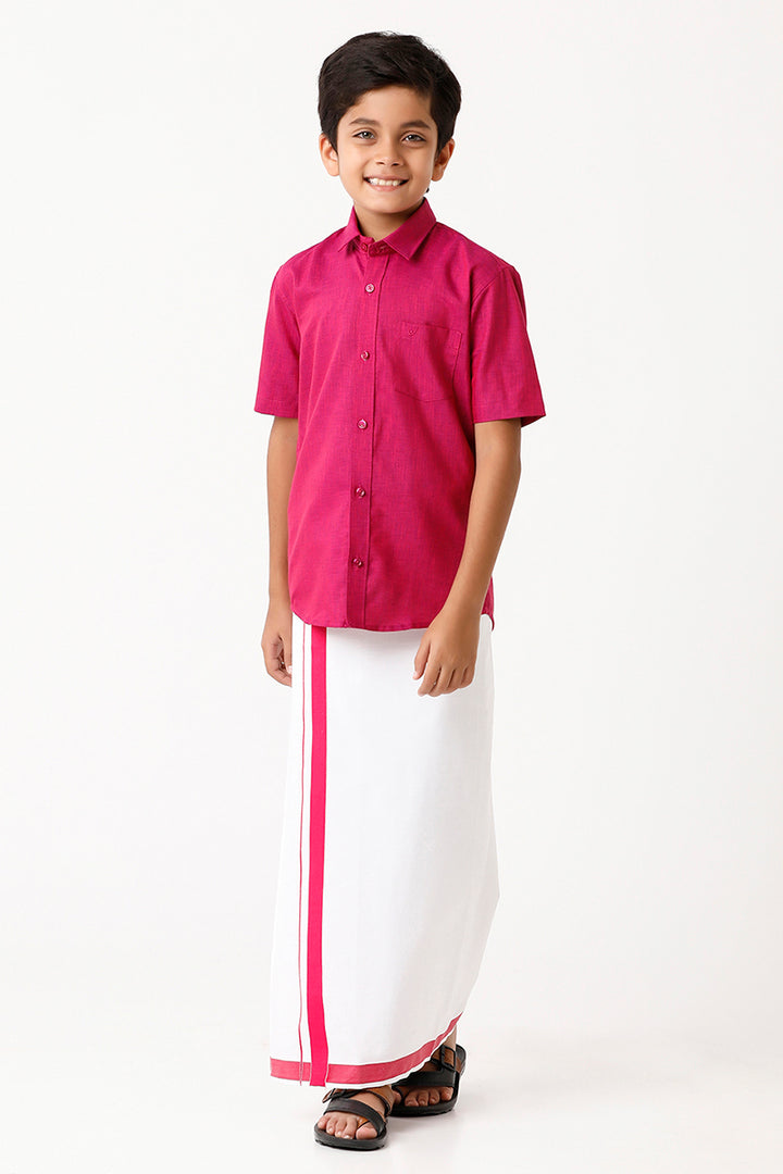 Varna - Soft Red Matching Fixit Dhoti and Shirt 2 in 1 Set For Kids | Uathayam