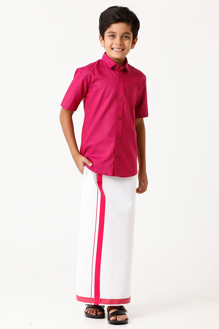 Varna - Soft Red Matching Fixit Dhoti and Shirt 2 in 1 Set For Kids | Uathayam