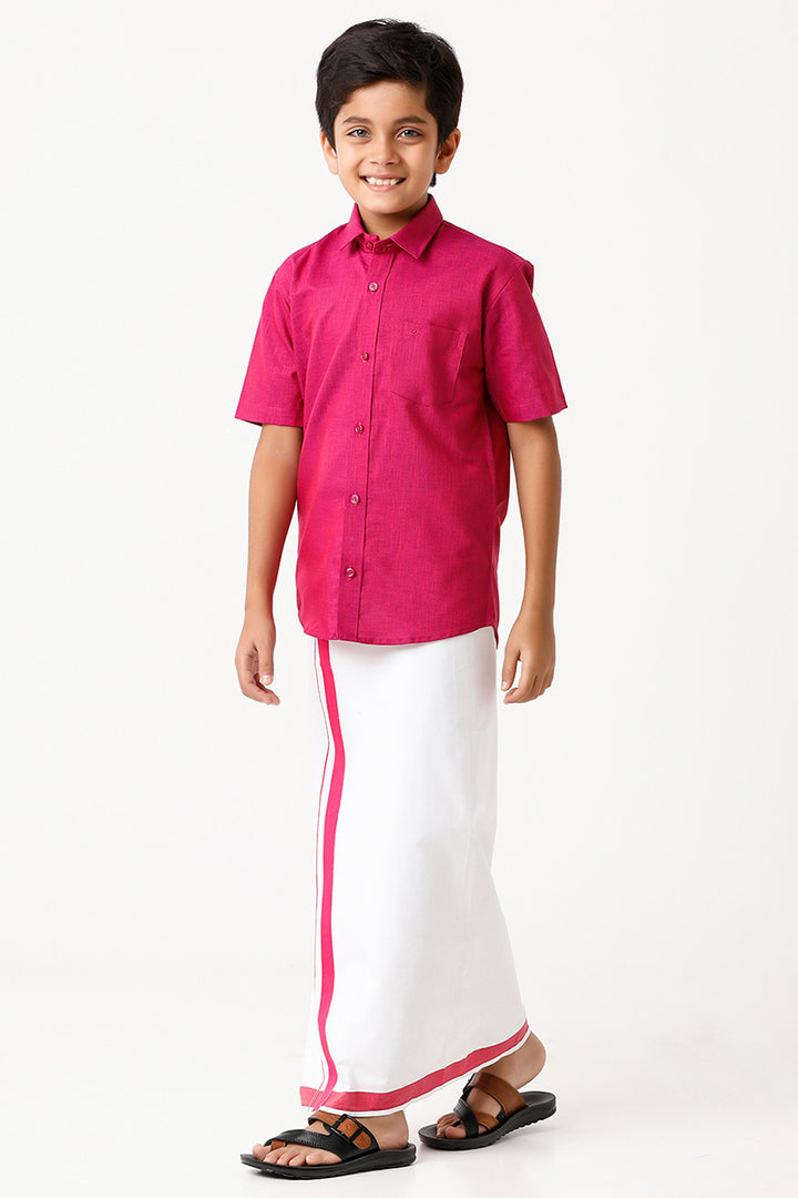 Varna - Soft Red Matching Fixit Dhoti and Shirt 2 in 1 Set For Kids | Uathayam