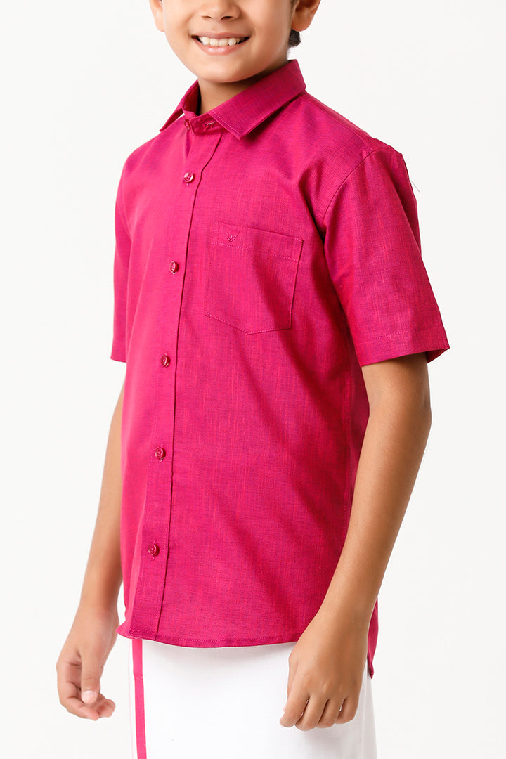 Varna - Soft Red Matching Fixit Dhoti and Shirt 2 in 1 Set For Kids | Uathayam