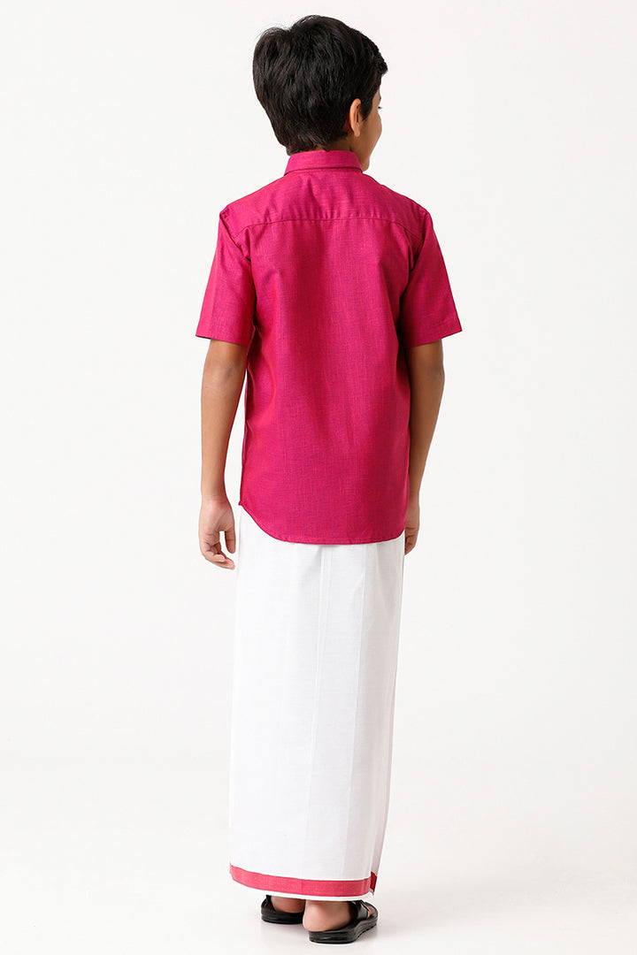 Varna - Soft Red Matching Fixit Dhoti and Shirt 2 in 1 Set For Kids | Uathayam