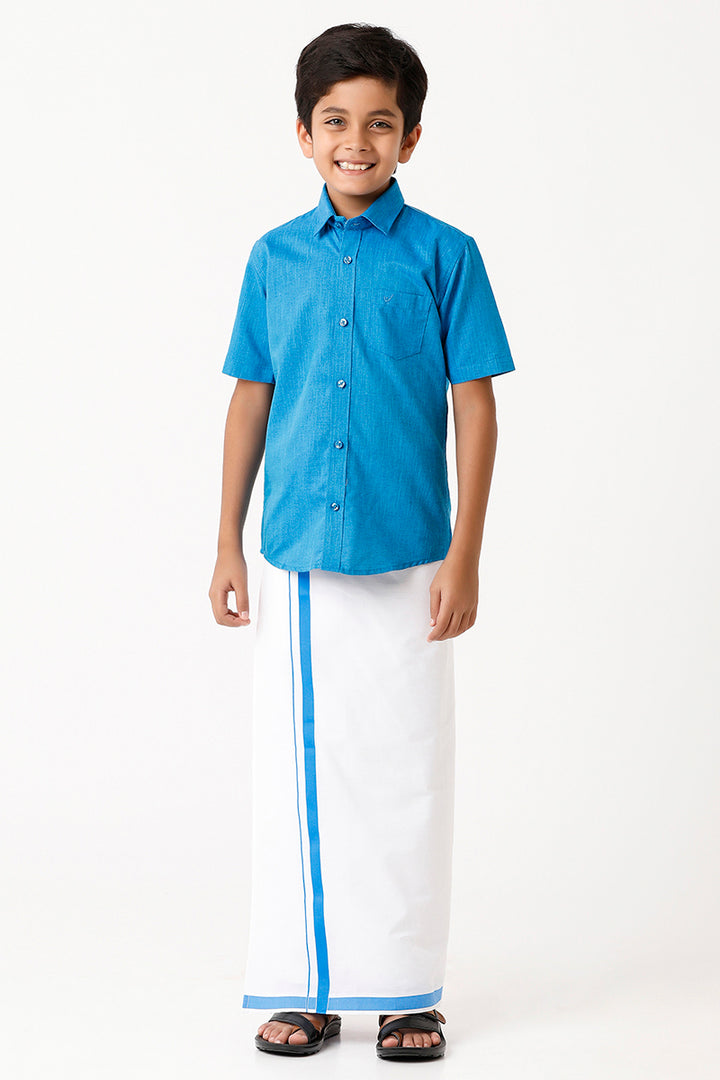 Varna - Royal Blue Matching Fixit Dhoti and Shirt 2 in 1 Set For Kids | Uathayam