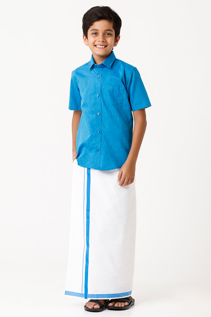 Varna - Royal Blue Matching Fixit Dhoti and Shirt 2 in 1 Set For Kids | Uathayam