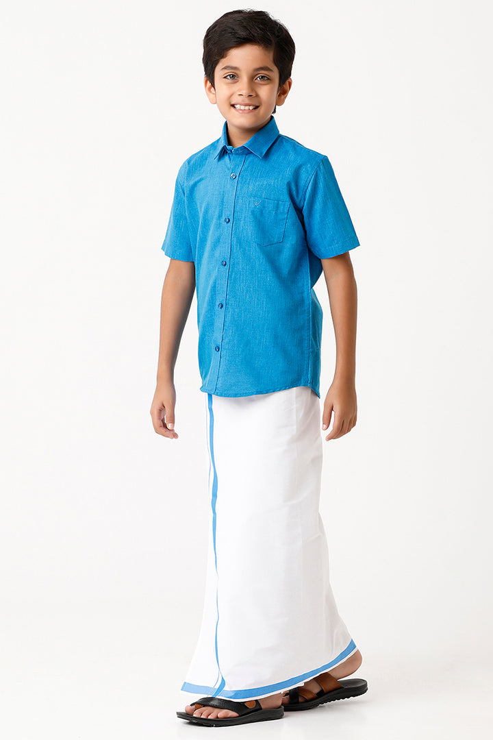 Varna - Royal Blue Matching Fixit Dhoti and Shirt 2 in 1 Set For Kids | Uathayam
