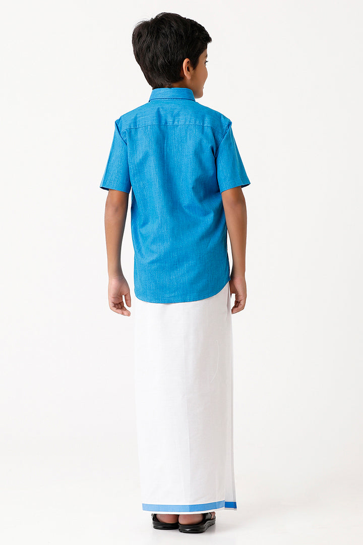 Varna - Royal Blue Matching Fixit Dhoti and Shirt 2 in 1 Set For Kids | Uathayam