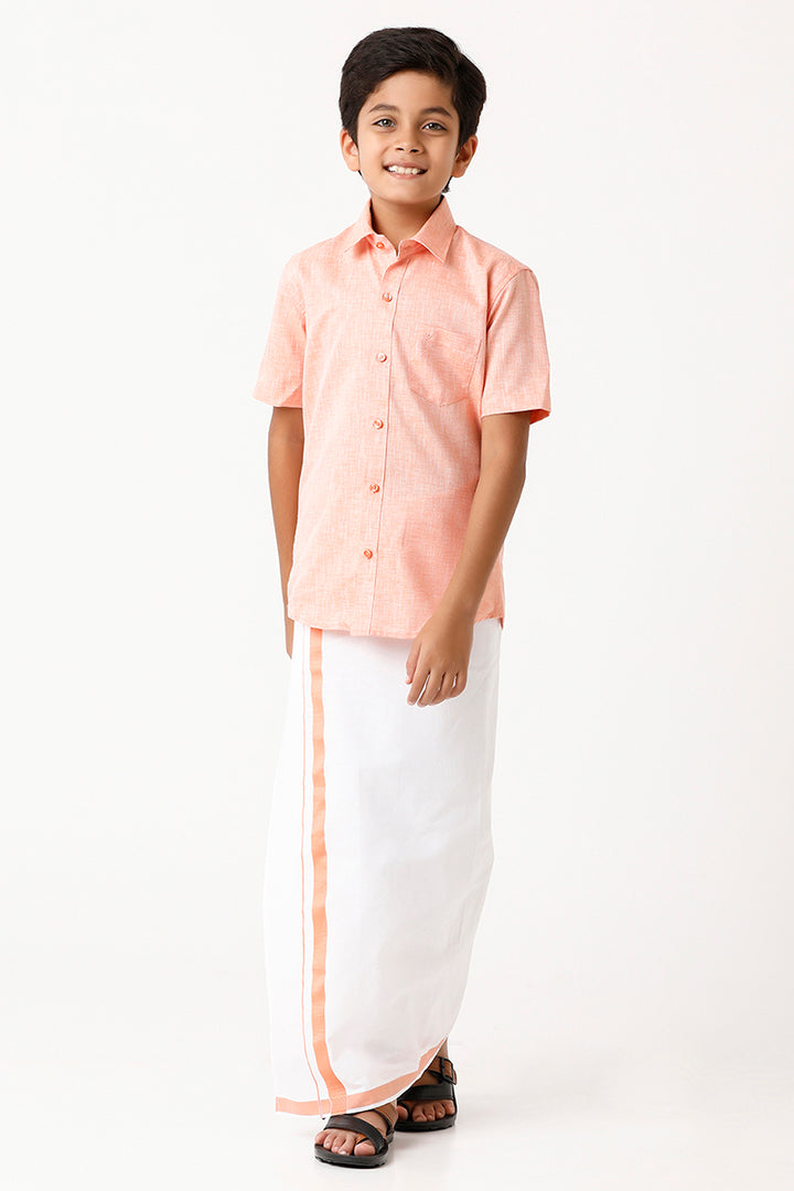 Varna - Lemonade Orange Matching Fixit Dhoti and Shirt 2 in 1 Set For Kids | Uathayam