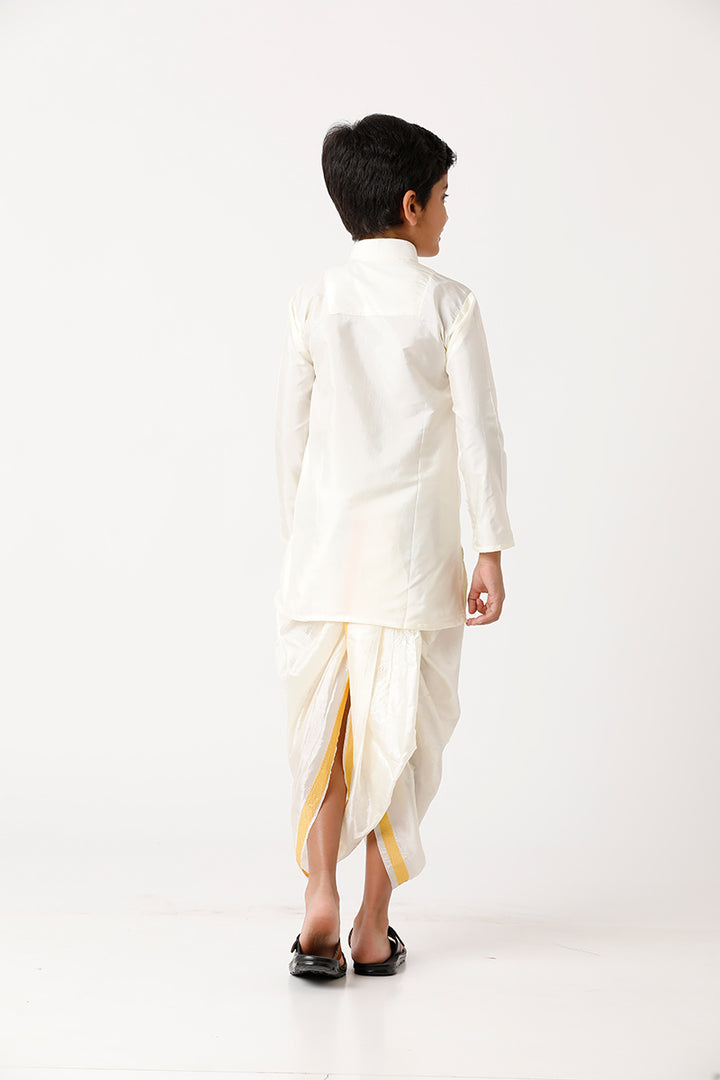 UATHAYAM Ideal Kurta Full Sleeve Solid Regular Fit Kids Silk Cream Kurta + Panchakacham + Towel 3 In 1 Set