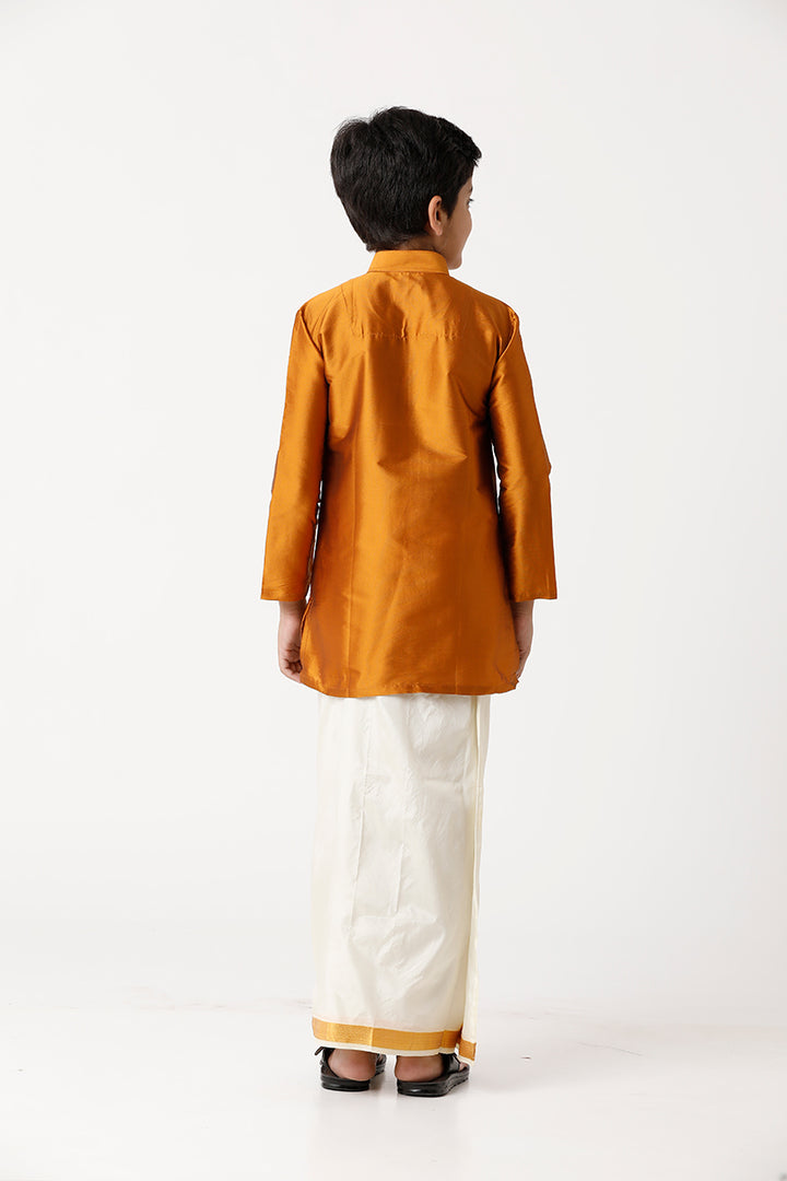 UATHAYAM Rising Ideal Poly Taffeta Full Sleeve Solid Regular Fit Kids Kurta + Dhoti + Towel 3 In 1 Set (Mustard Yellow)