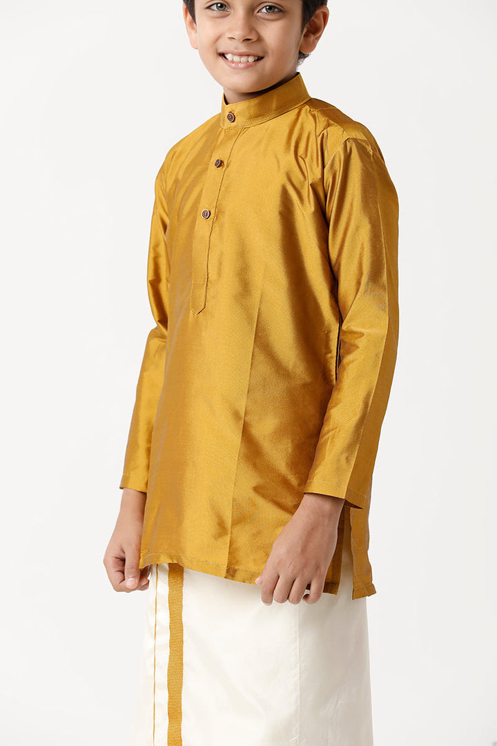UATHAYAM Rising Ideal Poly Taffeta Full Sleeve Solid Regular Fit Kids Kurta + Dhoti + Towel 3 In 1 Set (Golden Yellow)