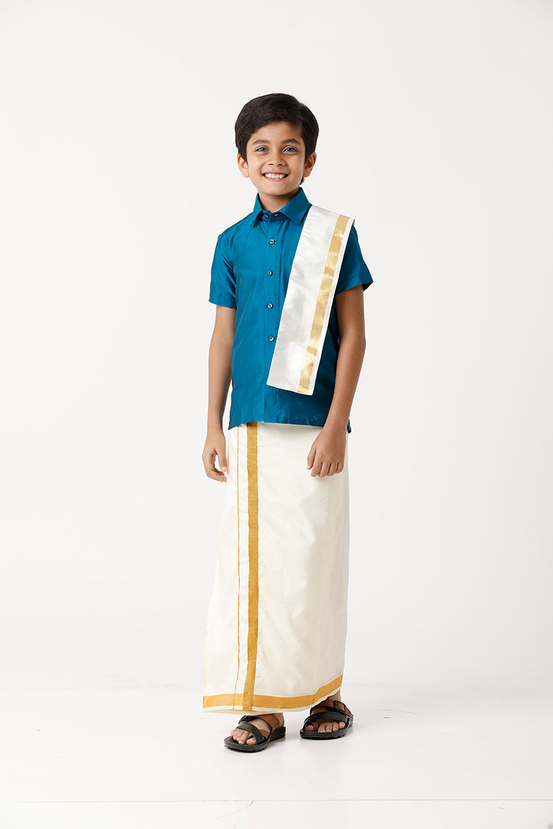 Boys Silk Cotton Shirt with Dhoti Set Light Ramar Green