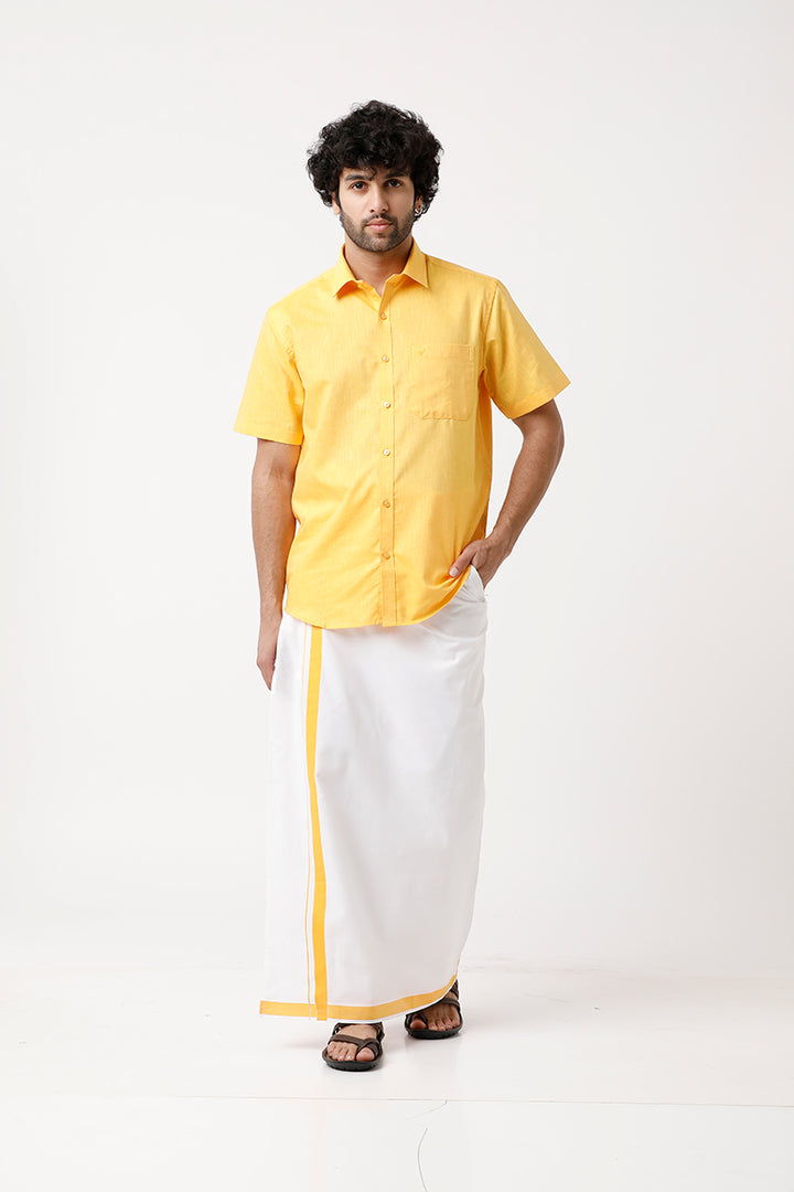 Varna - Yellow Matching Shirt and Single Dhoti Set For Men | Uathayam