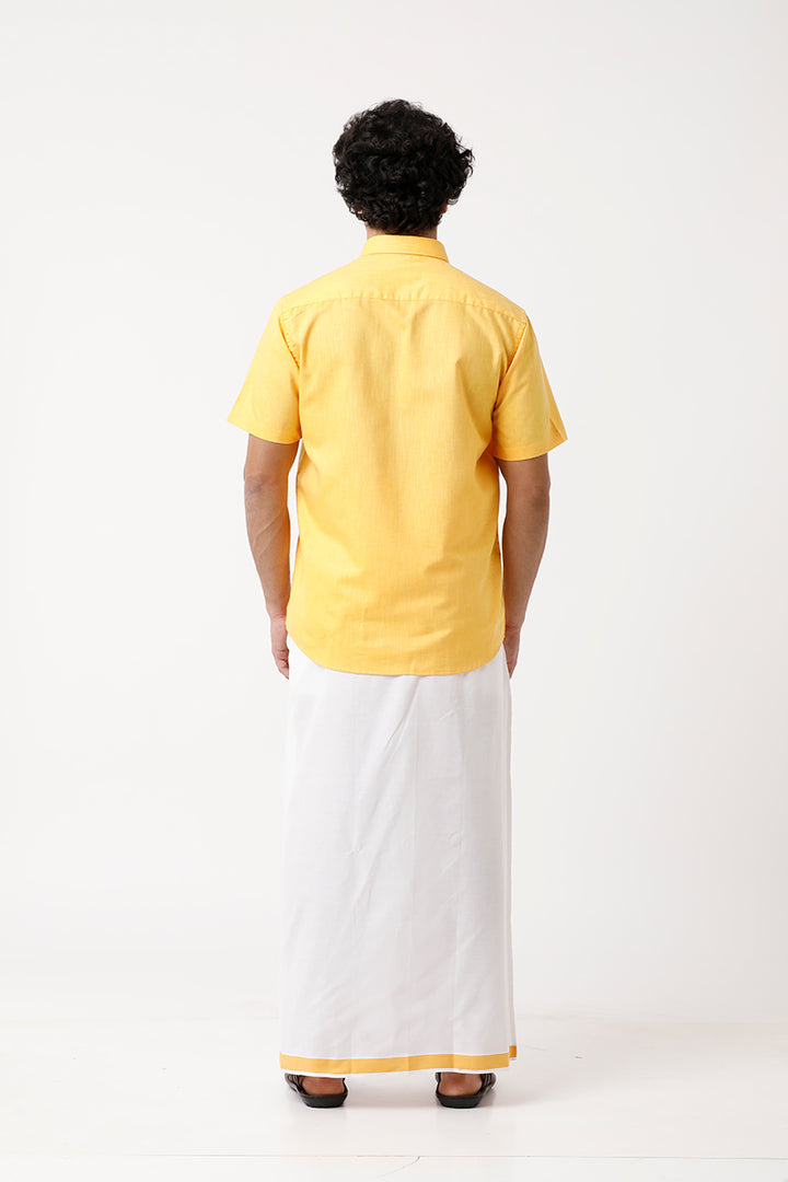 Varna - Yellow Matching Shirt and Single Dhoti Set For Men | Uathayam