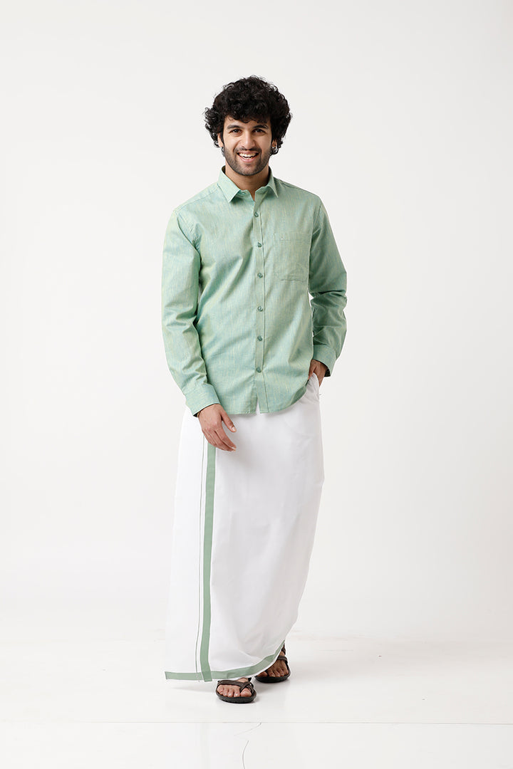 Varna - Summer Green Matching Shirt and Single Dhoti Set For Men | Uathayam