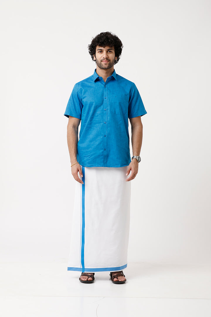 Varna - Royal Blue Matching Shirt and Single Dhoti Set For Men | Uathayam