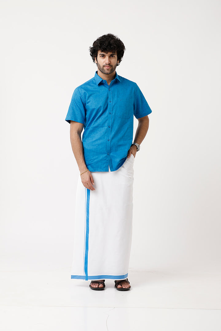 Varna - Royal Blue Matching Shirt and Single Dhoti Set For Men | Uathayam