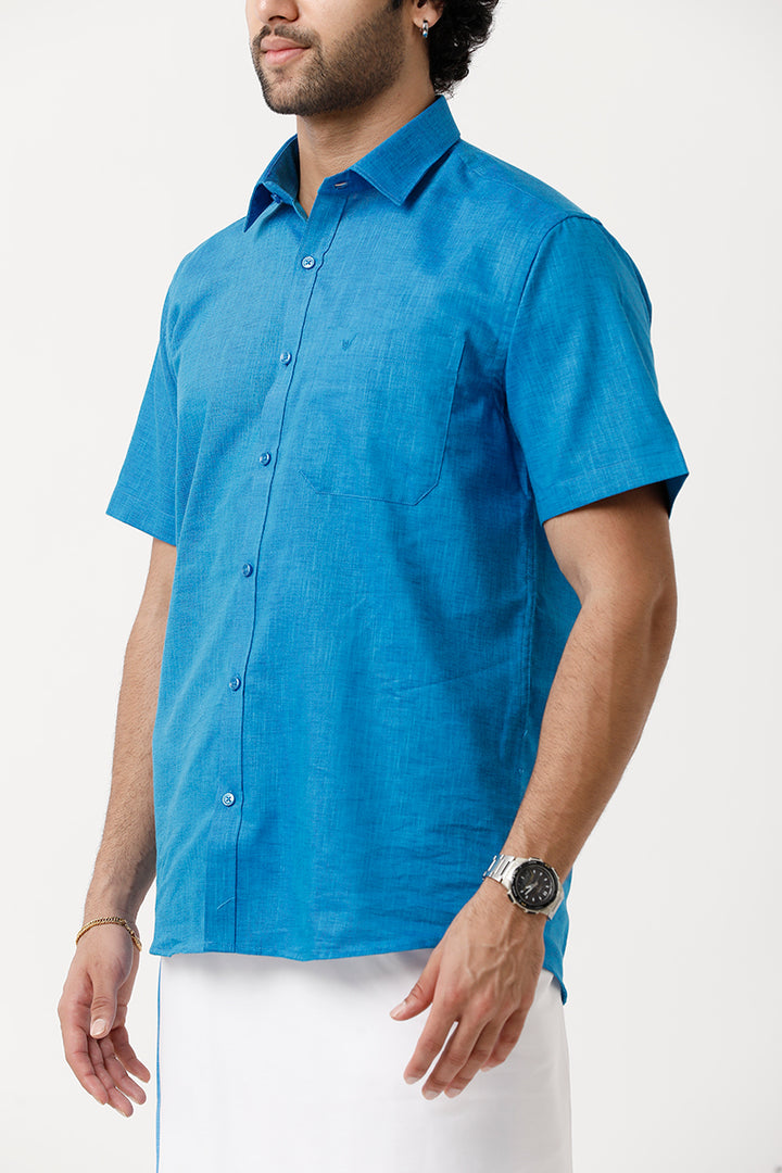 Varna - Royal Blue Matching Shirt and Single Dhoti Set For Men | Uathayam