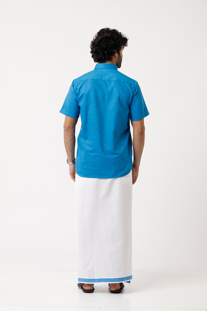 Varna - Royal Blue Matching Shirt and Single Dhoti Set For Men | Uathayam