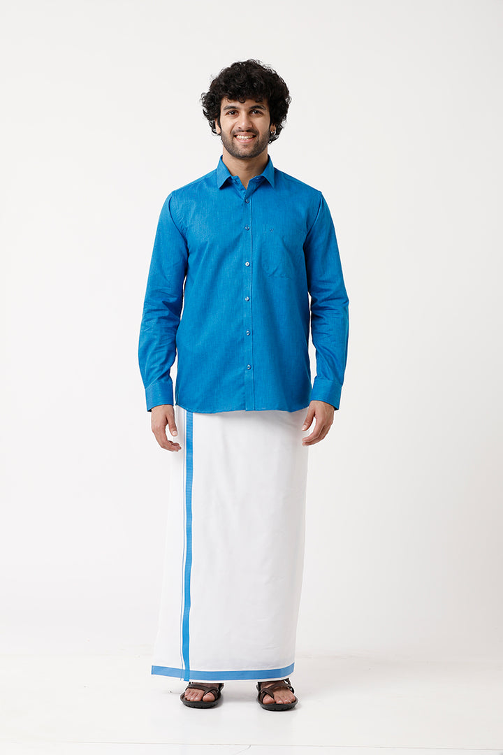 Varna - Royal Blue Matching Shirt and Single Dhoti Set For Men | Uathayam