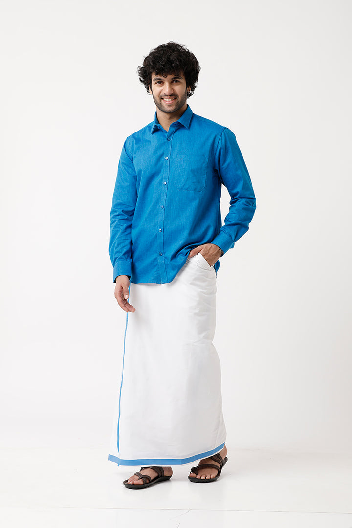 Varna - Royal Blue Matching Shirt and Single Dhoti Set For Men | Uathayam
