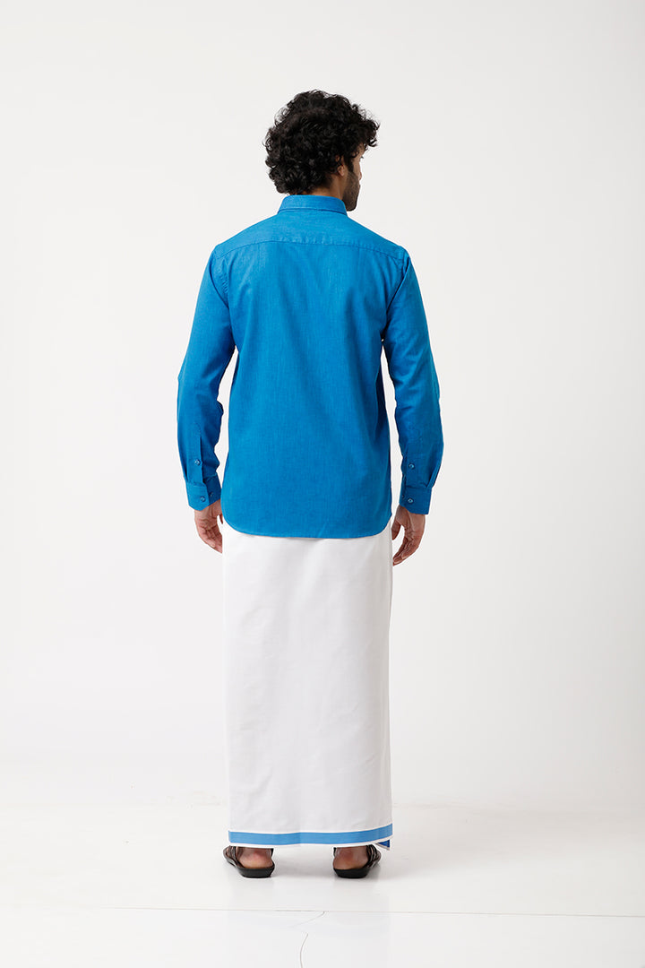 Varna - Royal Blue Matching Shirt and Single Dhoti Set For Men | Uathayam