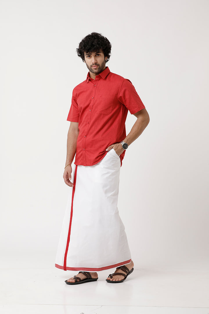 Varna - Soft Red Matching Shirt and Single Dhoti Set For Men | Uathayam