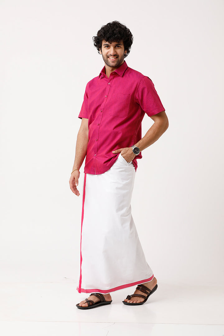 Varna - Soft Pink Matching Shirt and Single Dhoti Set For Men | Uathayam