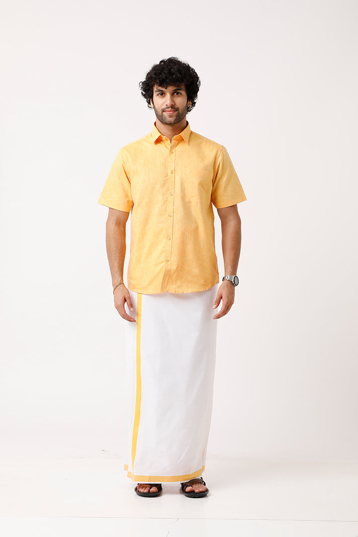 Varna - Golden Yellow Matching Shirt and Single Dhoti Set For Men | Uathayam