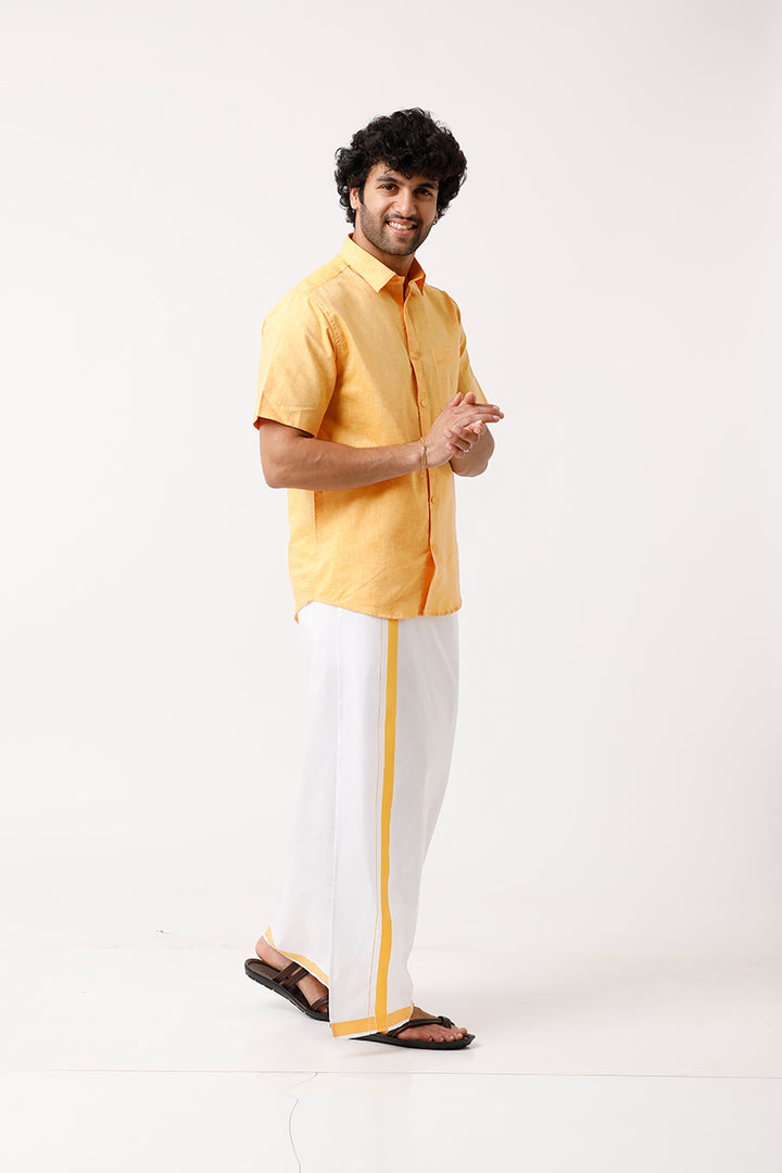 Varna - Golden Yellow Matching Shirt and Single Dhoti Set For Men | Uathayam