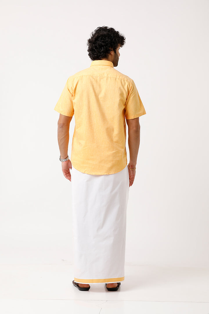 Varna - Golden Yellow Matching Shirt and Single Dhoti Set For Men | Uathayam